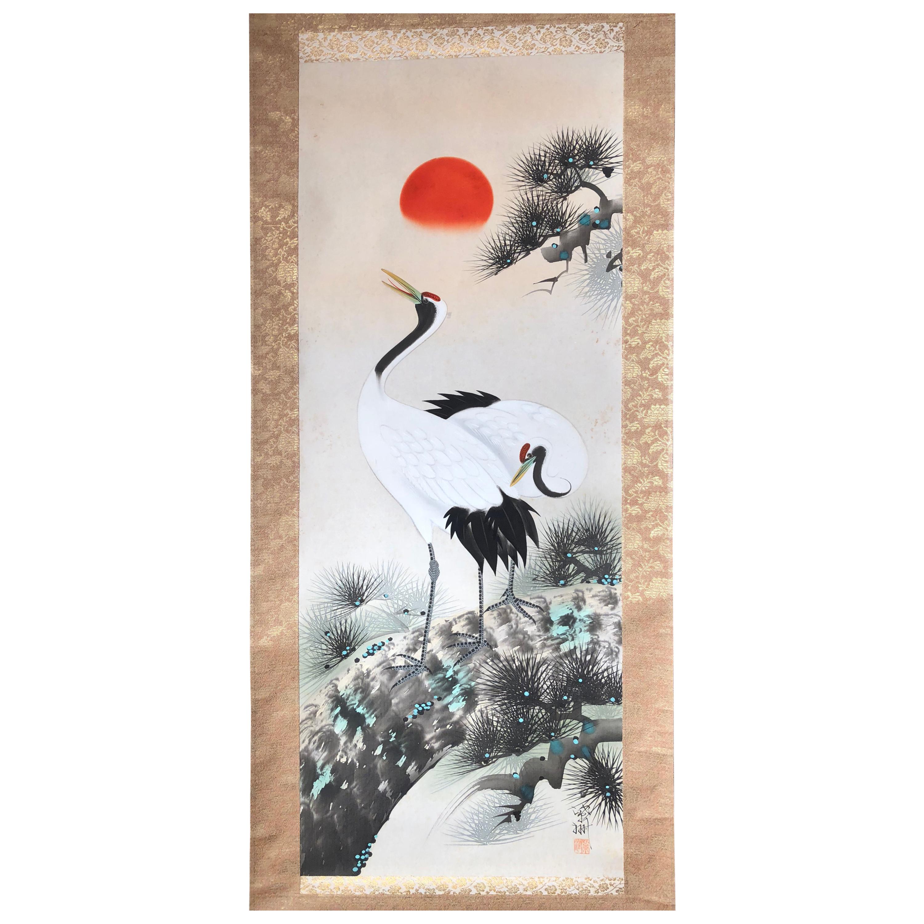 Japanese Old and Bold Hand-Painted Brilliant Cranes & Sun Silk Scroll, Wood Box