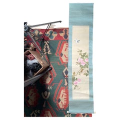 Japanese Old Bluebird and Roses Silk Scroll, Signed