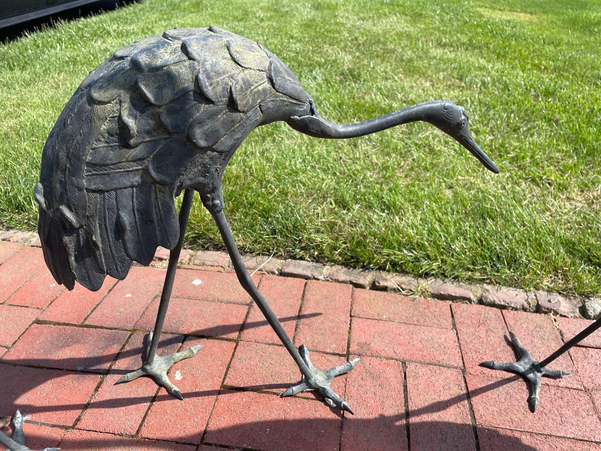 Japanese Early Large Bronze Cranes Complete Set Three 7