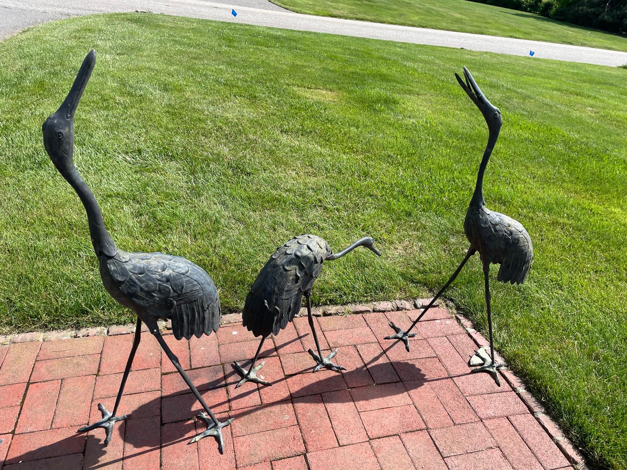 Hand-Crafted Japanese Early Large Bronze Cranes Complete Set Three 