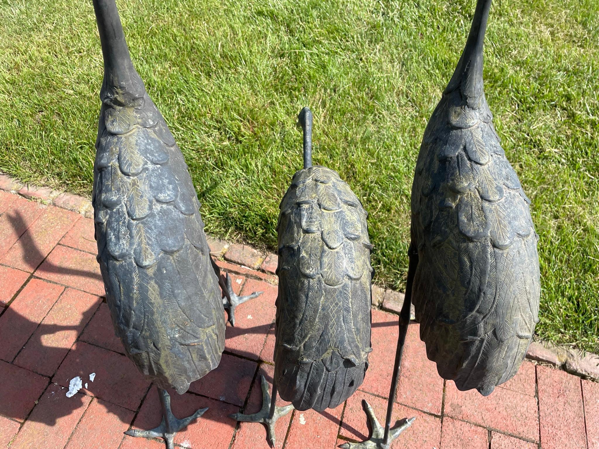 20th Century Japanese Early Large Bronze Cranes Complete Set Three 