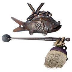 Japanese Old Cast Bronze Fish Bell with Antique Silk Striker