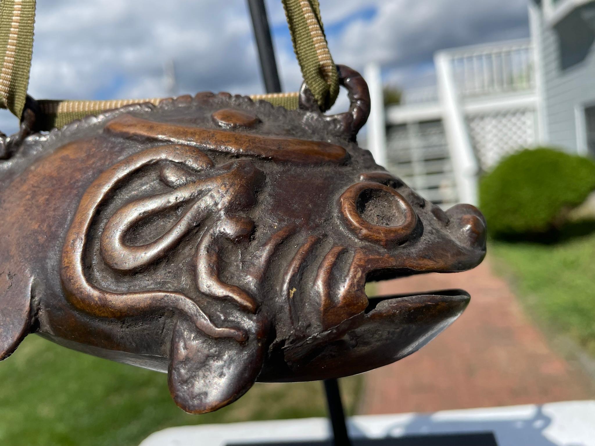 Japanese Old Cast Bronze Temple Fish Bell with Hardwood Striker 5