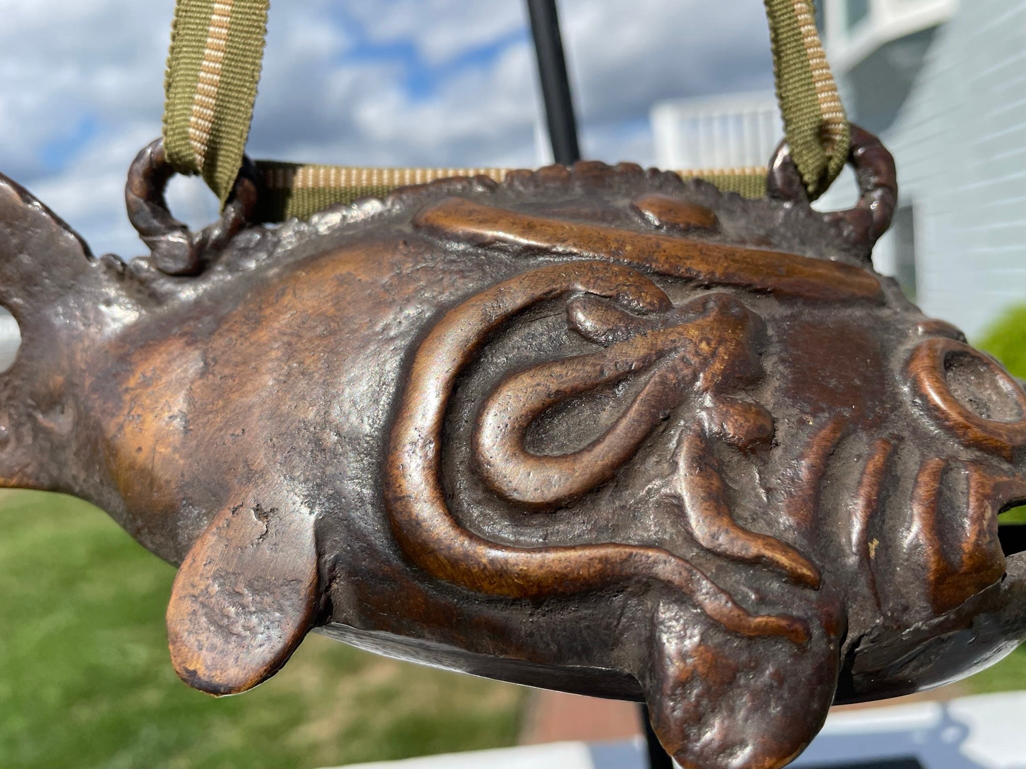 Japanese Old Cast Bronze Temple Fish Bell with Hardwood Striker 6
