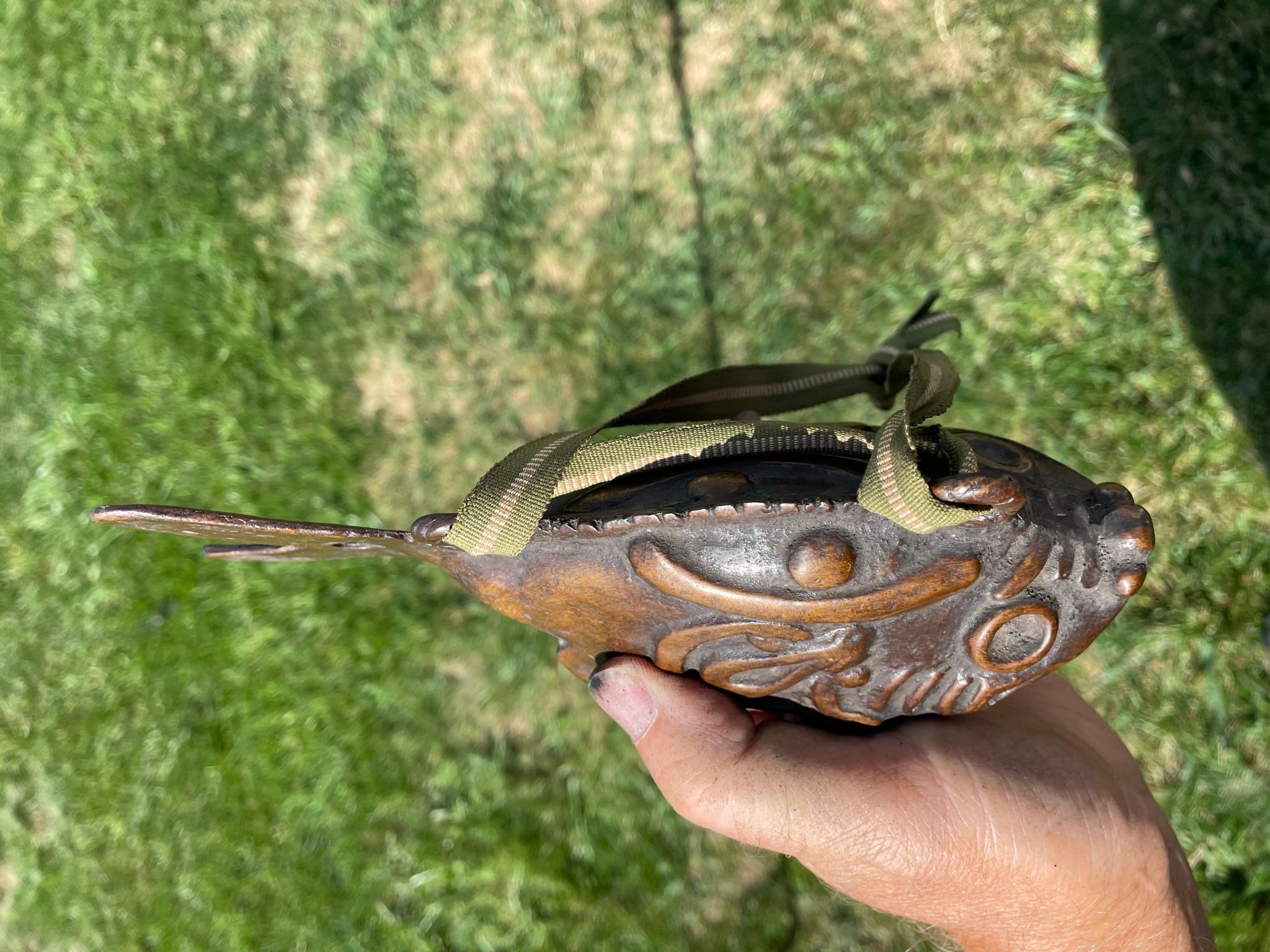 Japanese Old Cast Bronze Temple Fish Bell with Hardwood Striker 8