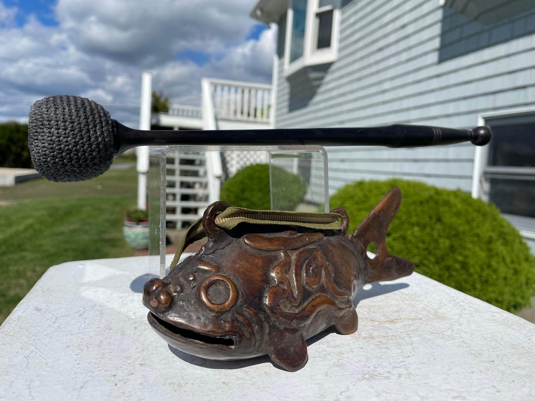 Showa Japanese Old Cast Bronze Temple Fish Bell with Hardwood Striker