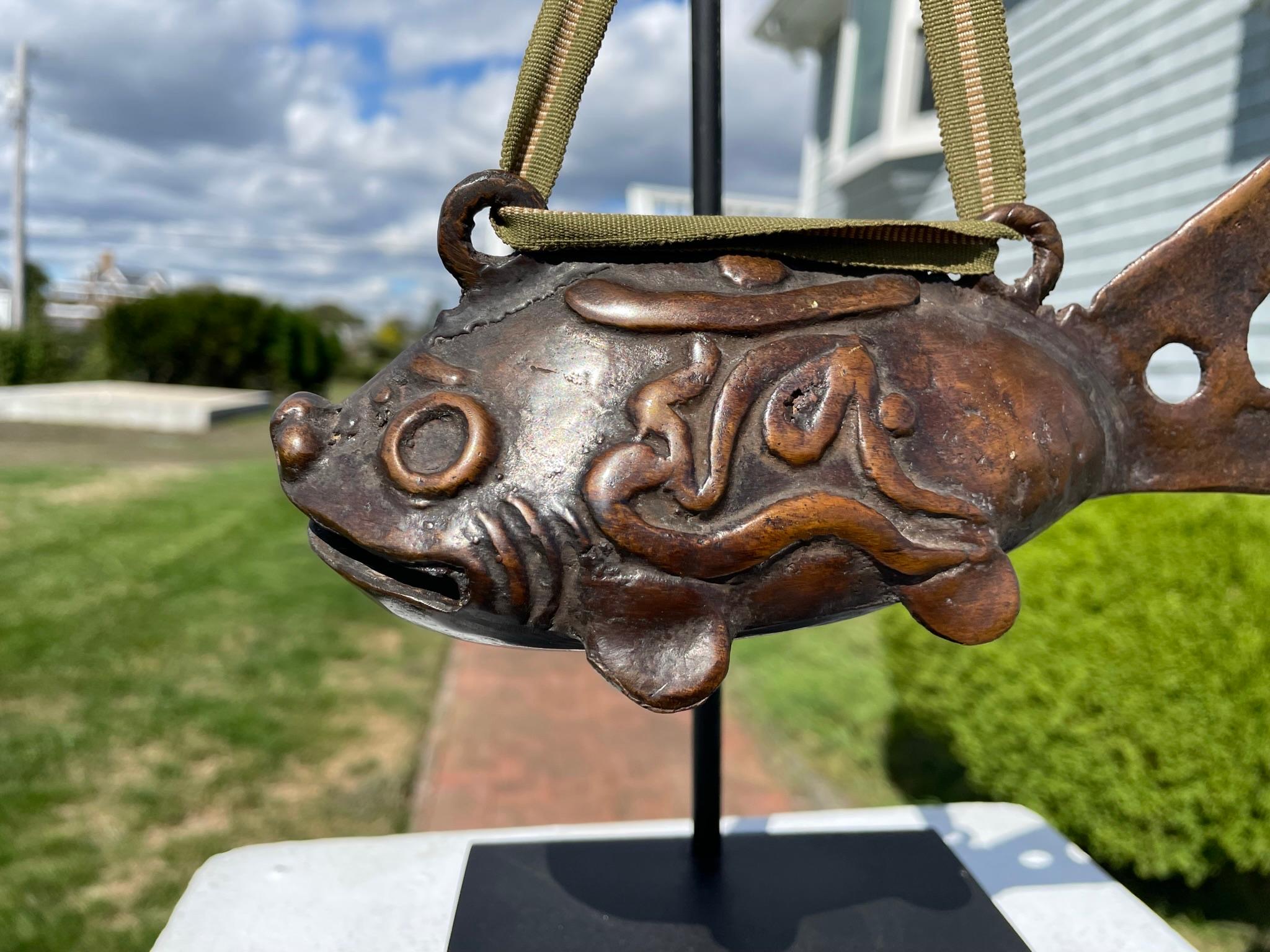 20th Century Japanese Old Cast Bronze Temple Fish Bell with Hardwood Striker