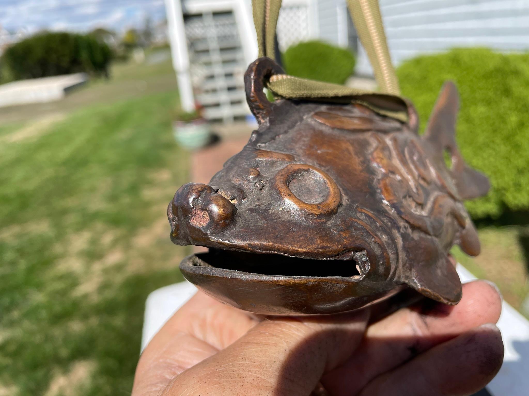 Japanese Old Cast Bronze Temple Fish Bell with Hardwood Striker 1