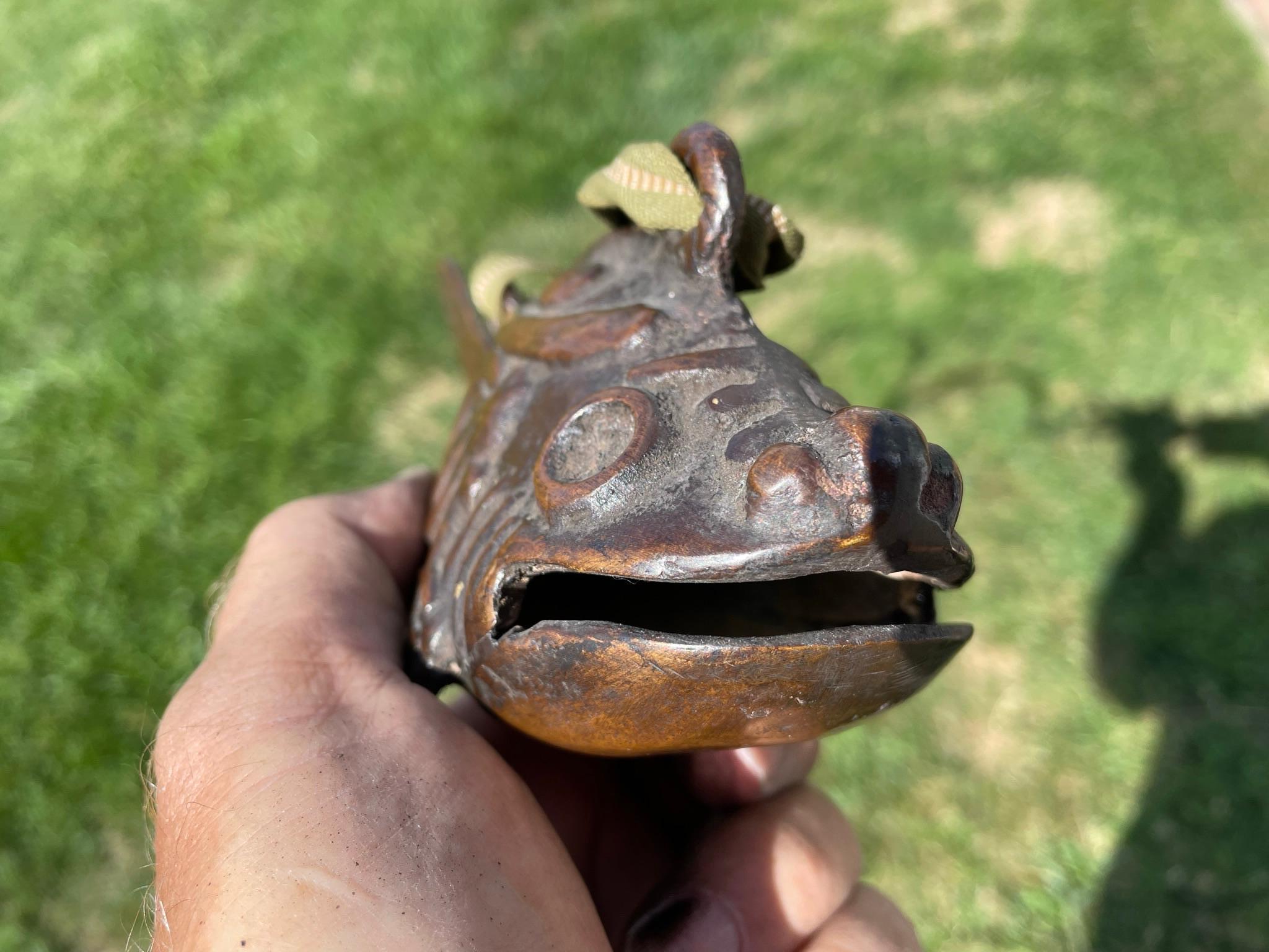 Japanese Old Cast Bronze Temple Fish Bell with Hardwood Striker 2