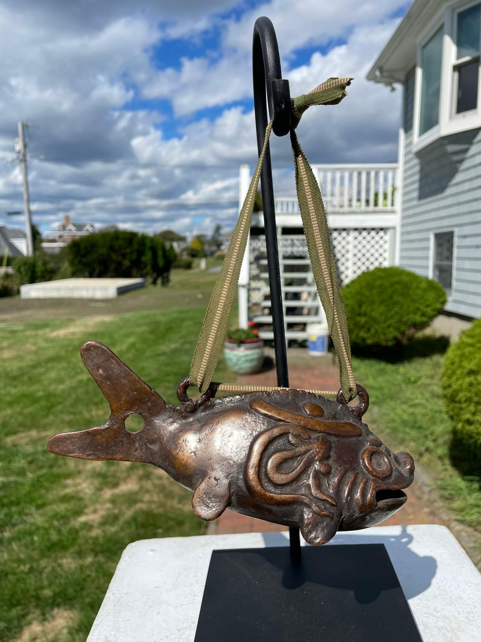 Japanese Old Cast Bronze Temple Fish Bell with Hardwood Striker 3