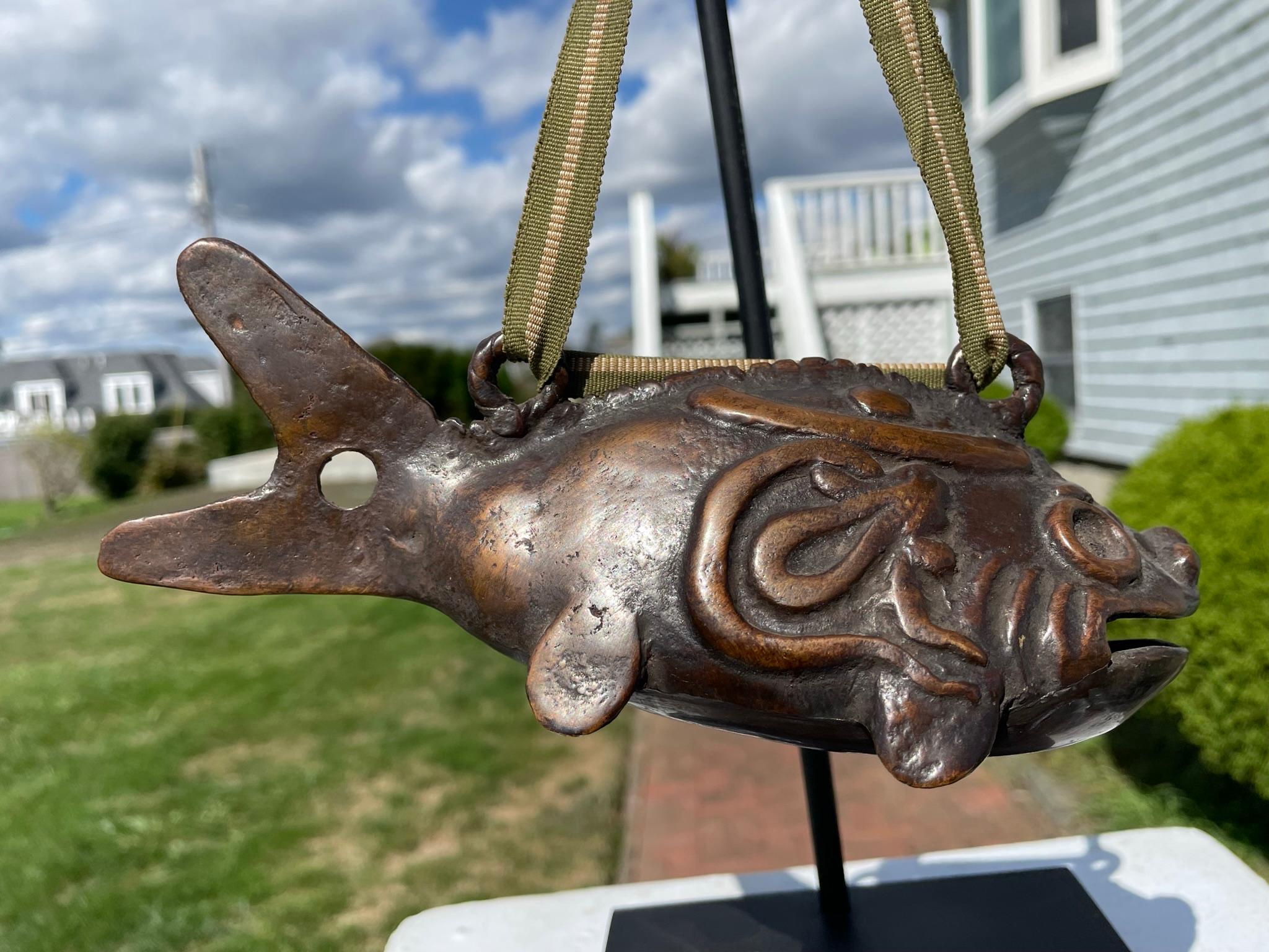 Japanese Old Cast Bronze Temple Fish Bell with Hardwood Striker 4