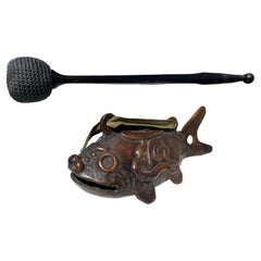 Retro Japanese Old Cast Bronze Temple Fish Bell with Hardwood Striker