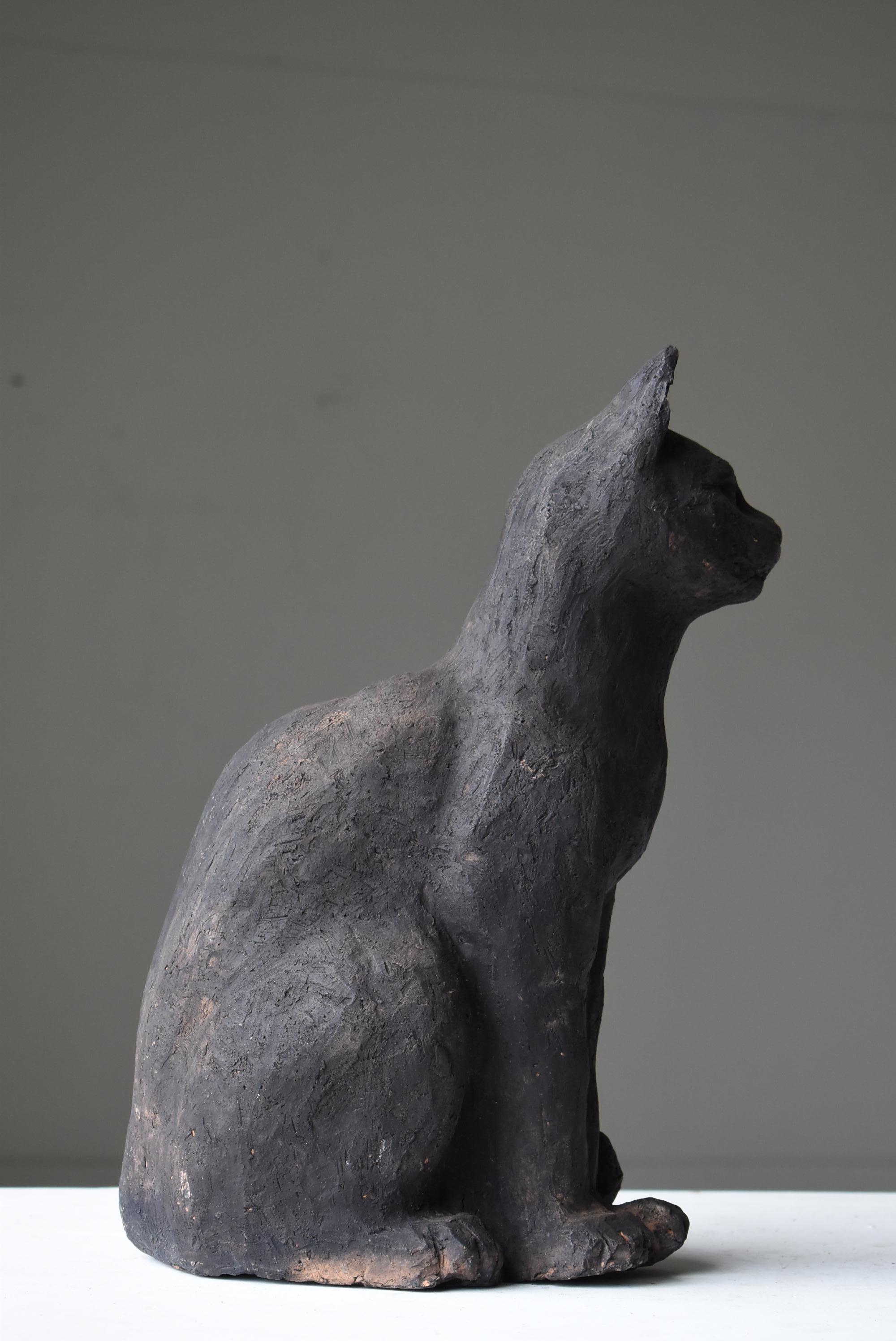 Japanese Old Clay Carving Cat 1940s-1960s / Mold Statue Wabi Sabi Scuplture   7