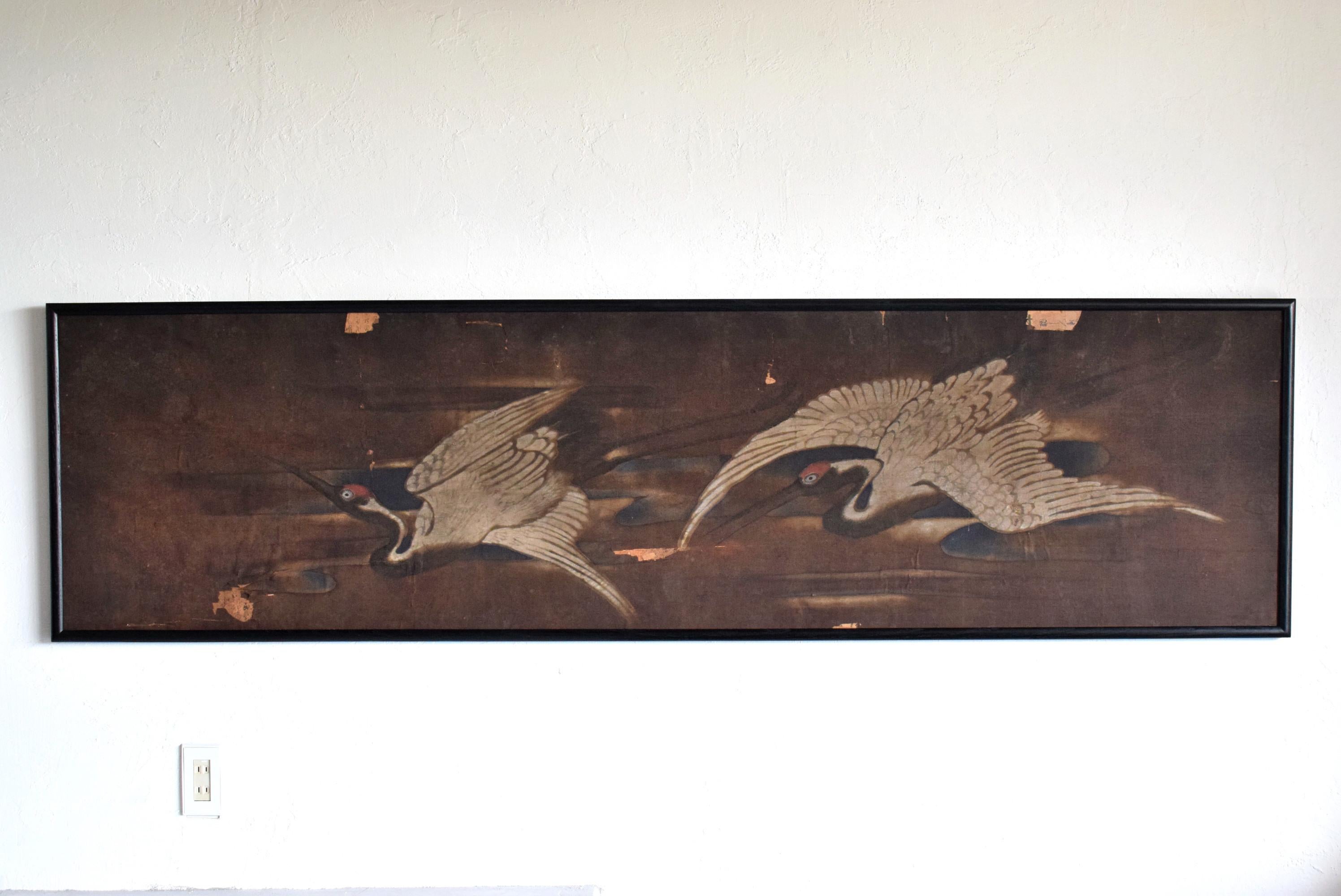 Japanese Old Crane Painting / Picture Frame / 1900s-1930s / Picture of Two Crane For Sale 4