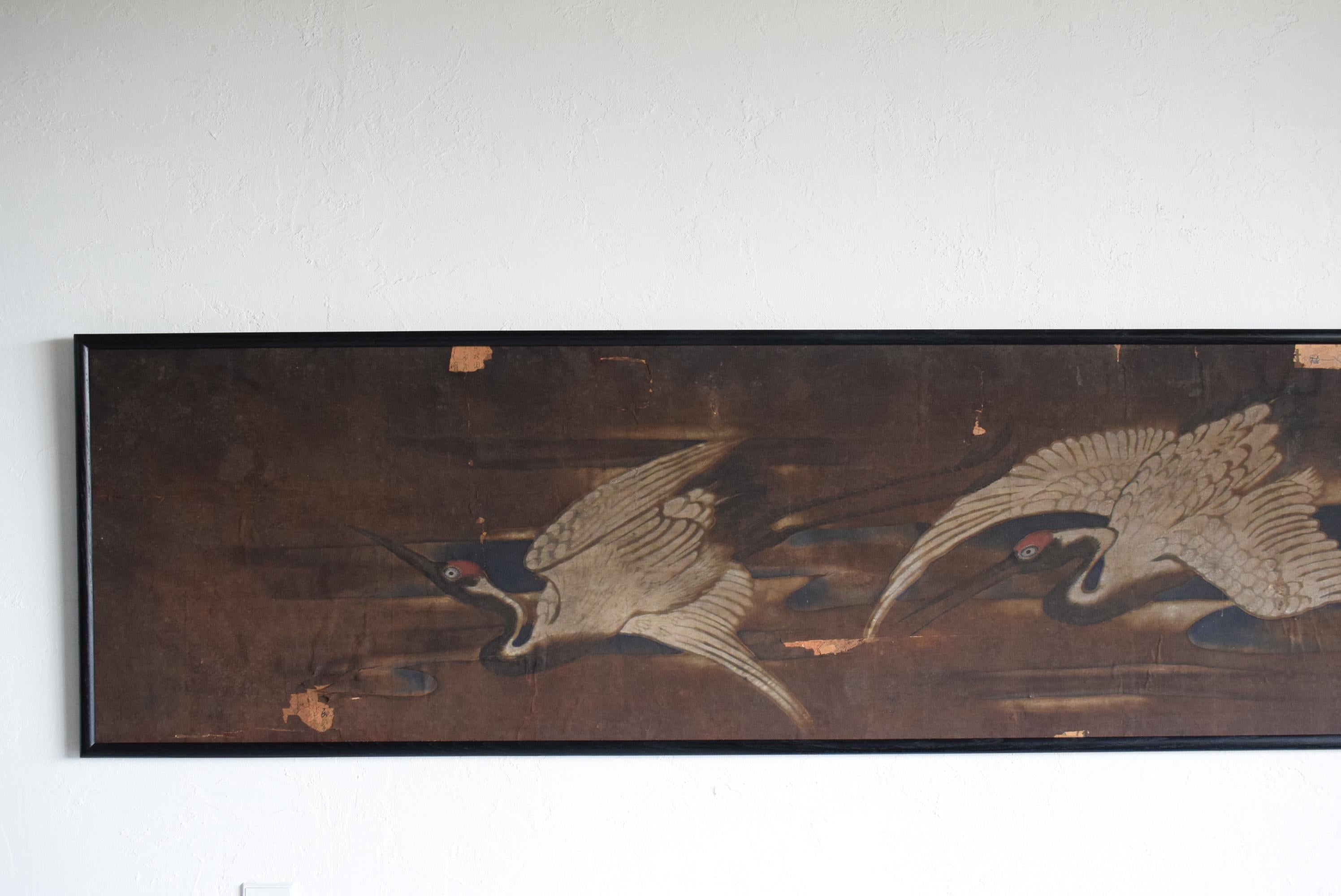 Japanese Old Crane Painting / Picture Frame / 1900s-1930s / Picture of Two Crane In Good Condition For Sale In Sammu-shi, Chiba