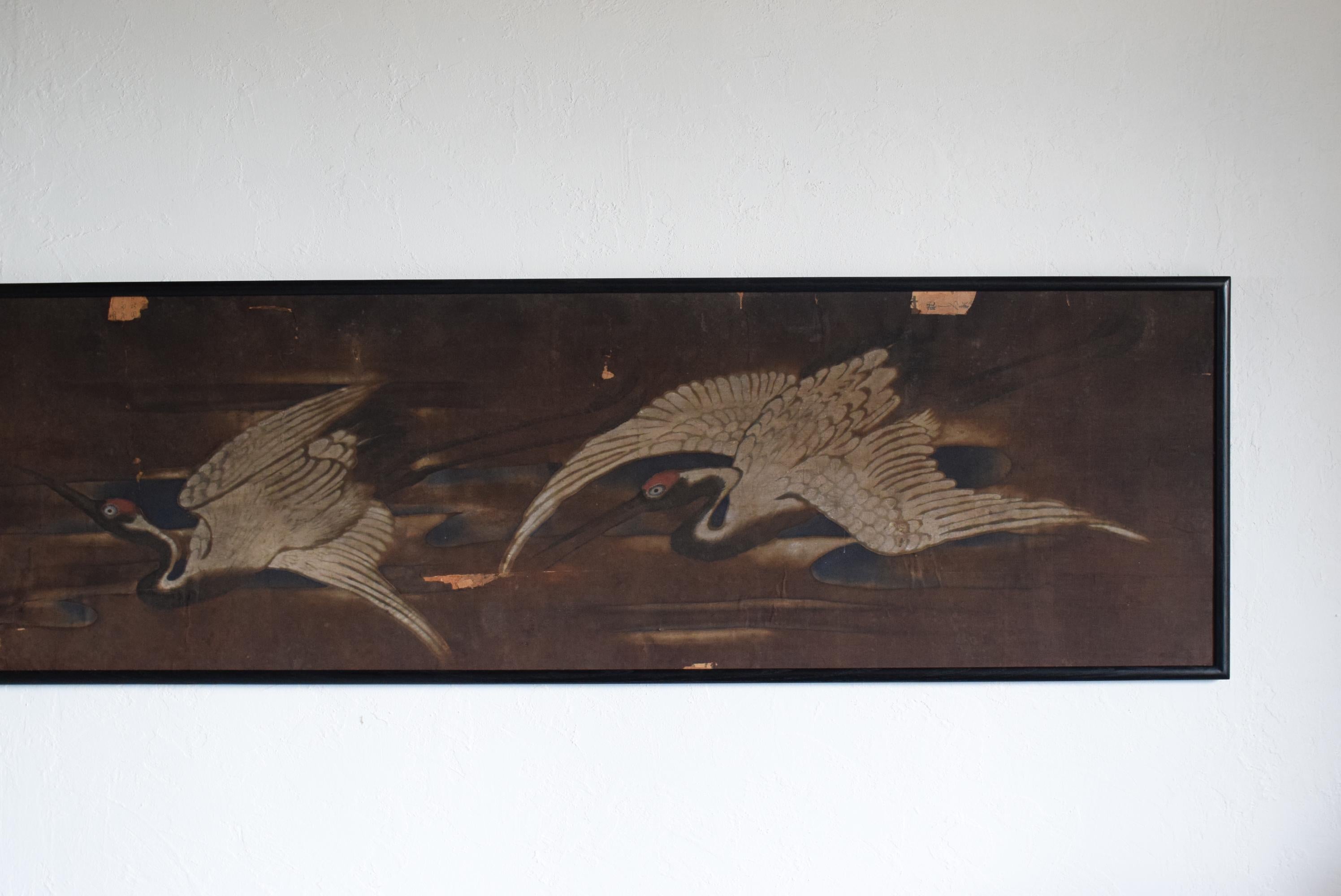 19th Century Japanese Old Crane Painting / Picture Frame / 1900s-1930s / Picture of Two Crane For Sale