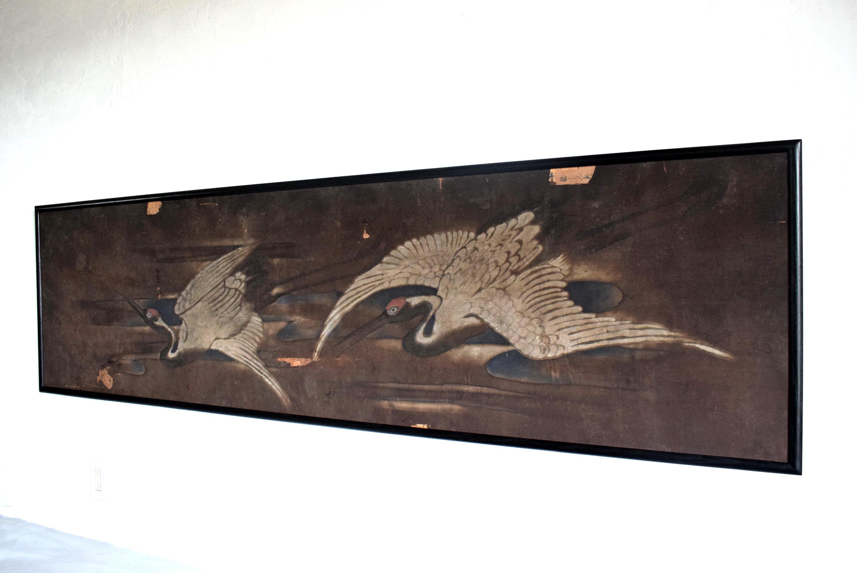 Paper Japanese Old Crane Painting / Picture Frame / 1900s-1930s / Picture of Two Crane For Sale