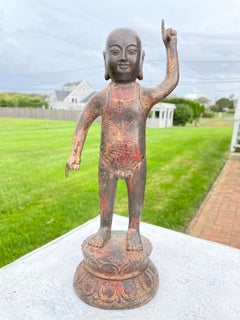 Japanese Old Gilt Bronze "Baby" Buddha Points To Heaven and Earth