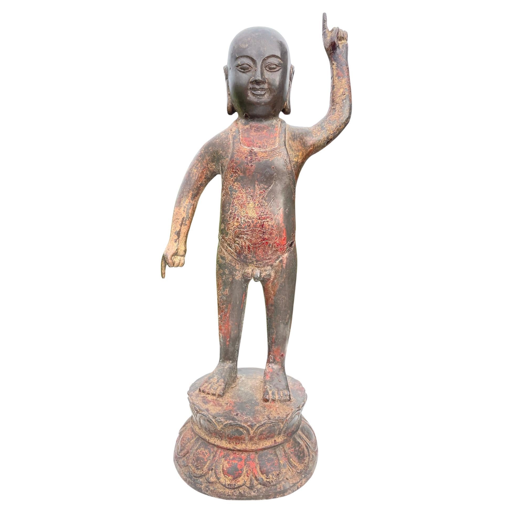 Japanese Old Gilt Bronze "Baby" Buddha Points To Heaven and Earth