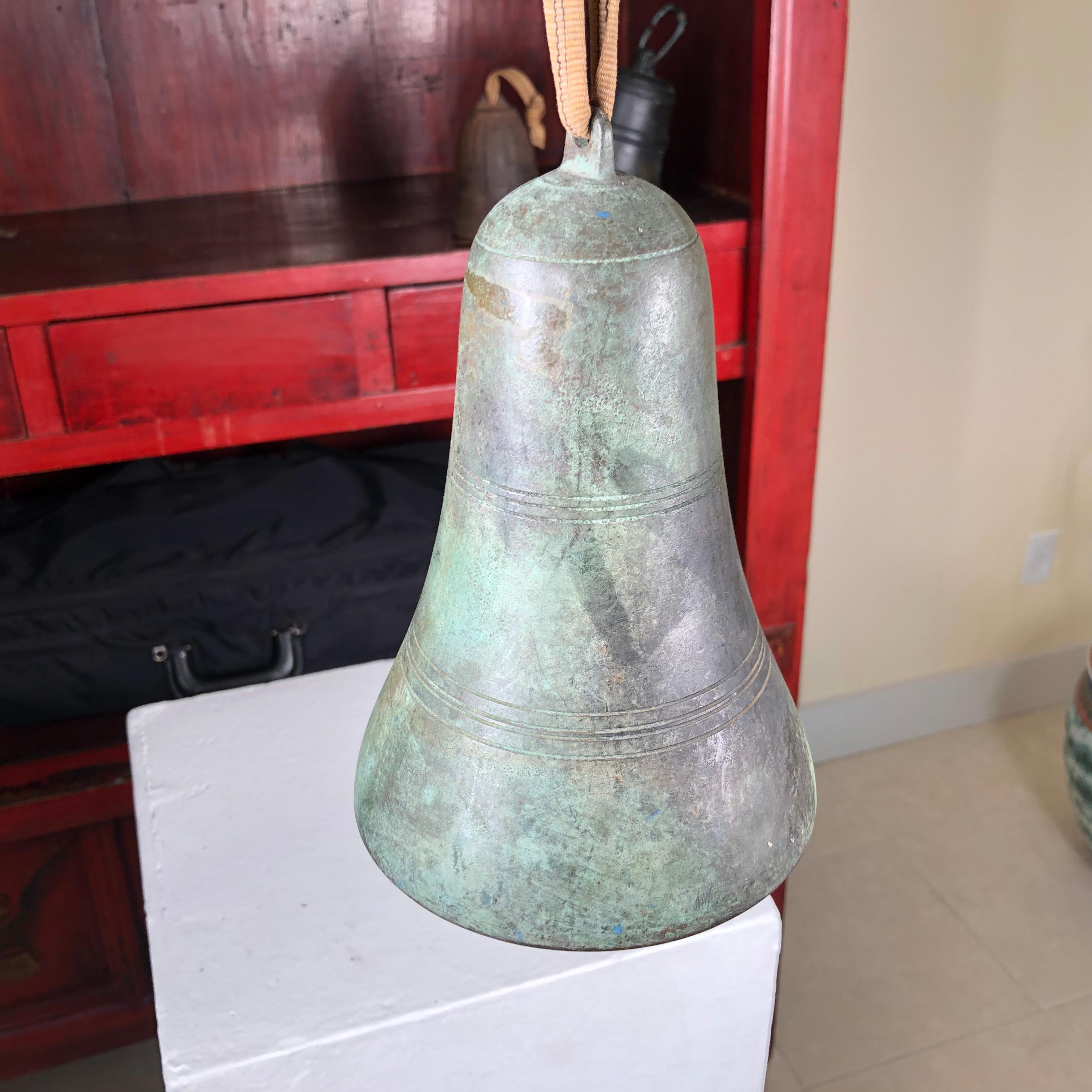 20th Century Japanese Old Hand Cast Big Bronze Temple Bell Fine Green Patina & Smooth Touch