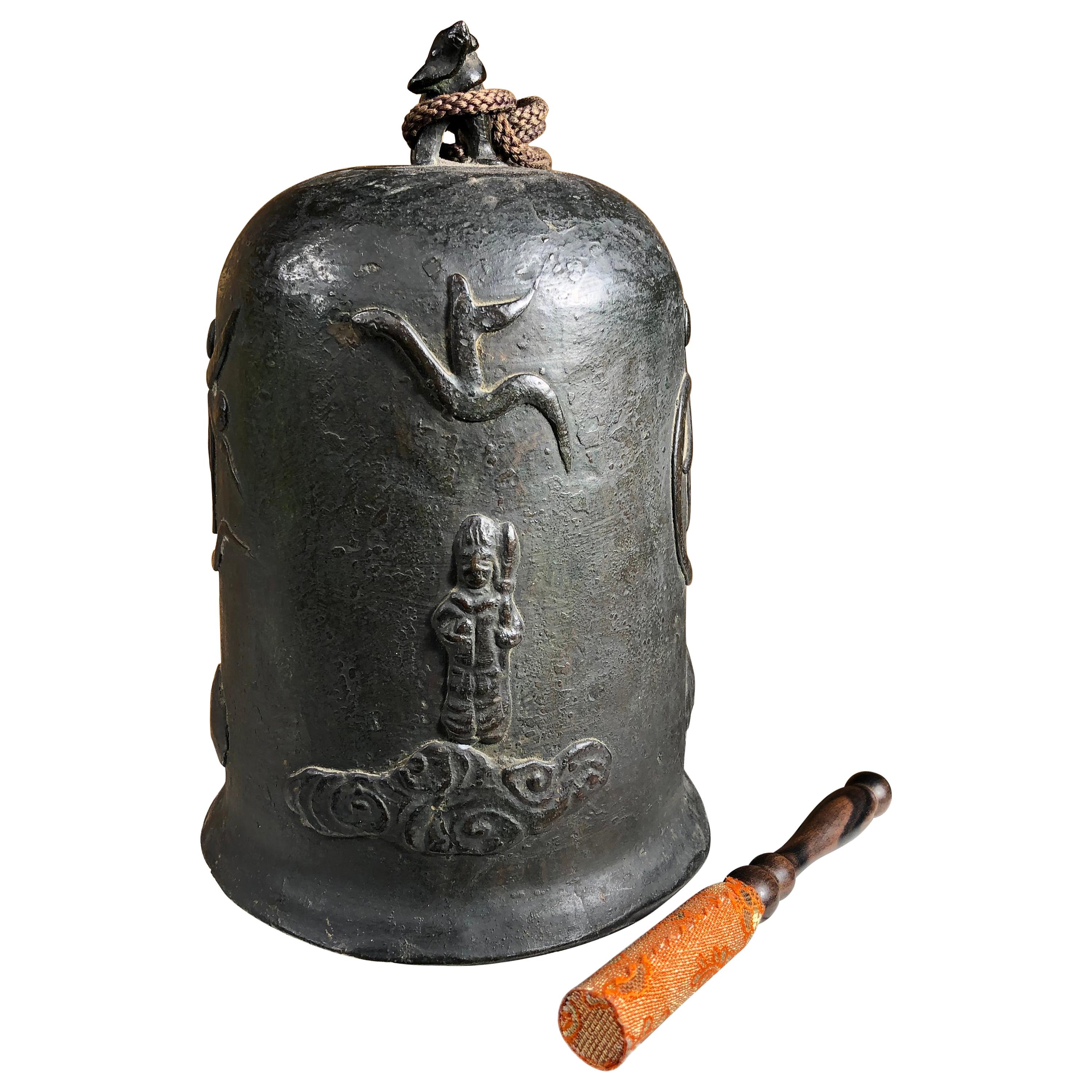 Japanese Old Hand Cast Bronze Temple Bell with "Kanon" Guanyin