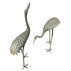 Japanese Old Bronze Hand Cast Pair Cranes