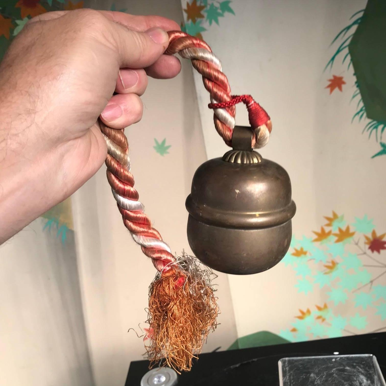 Japanese Old Hand Cast Shinto Suzu Temple Bell with Original Rope Handle In Good Condition In South Burlington, VT