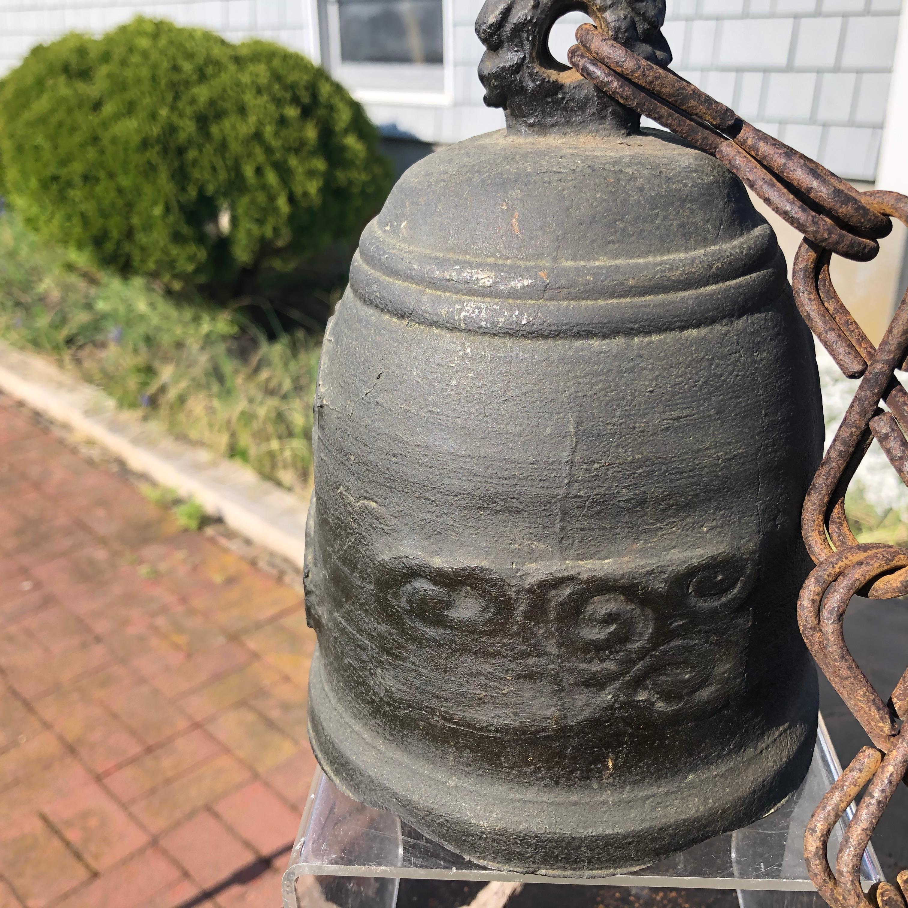 Japanese Old Hand Cast Temple Bell with Double Chain Hanger 4