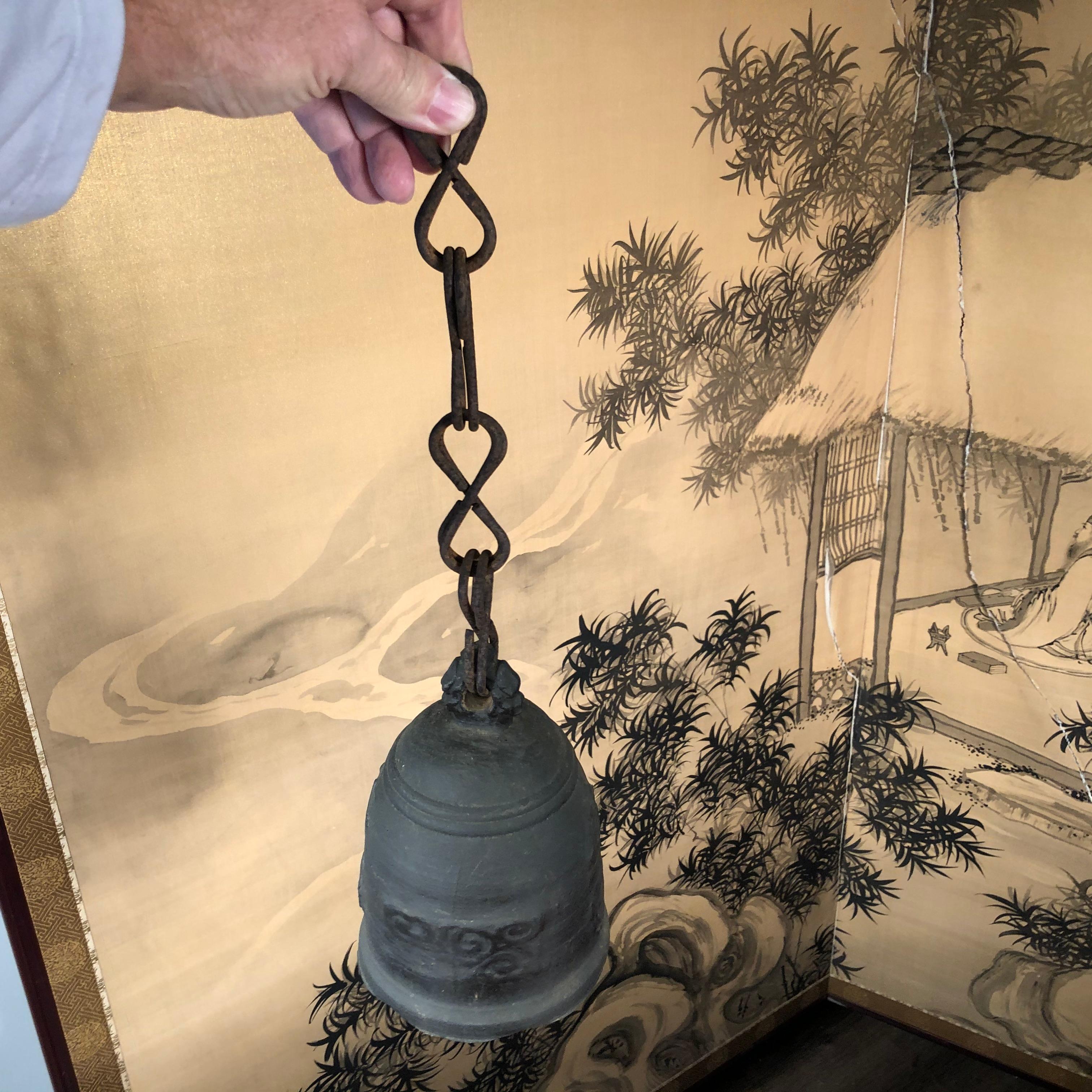 Taisho Japanese Old Hand Cast Temple Bell with Double Chain Hanger