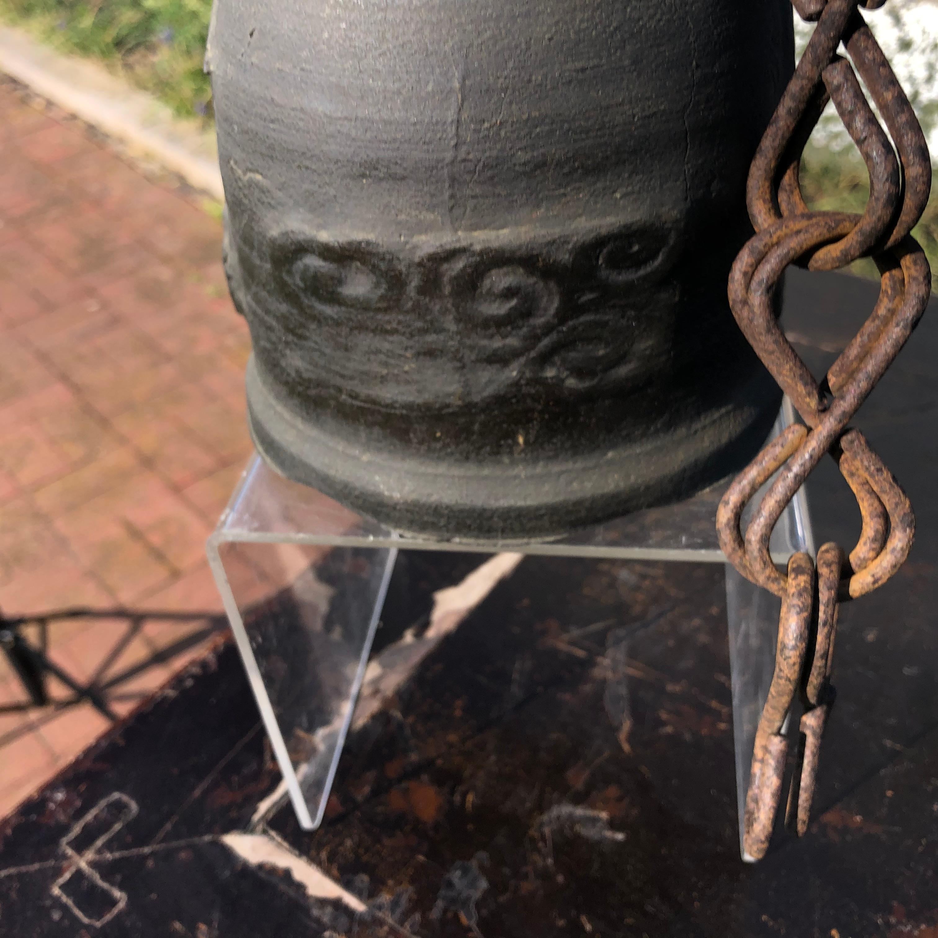 Japanese Old Hand Cast Temple Bell with Double Chain Hanger 3