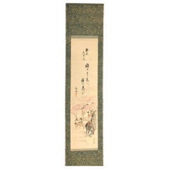 Japanese Old Hand Painted Scroll Two Lucky Old Friends with Horse