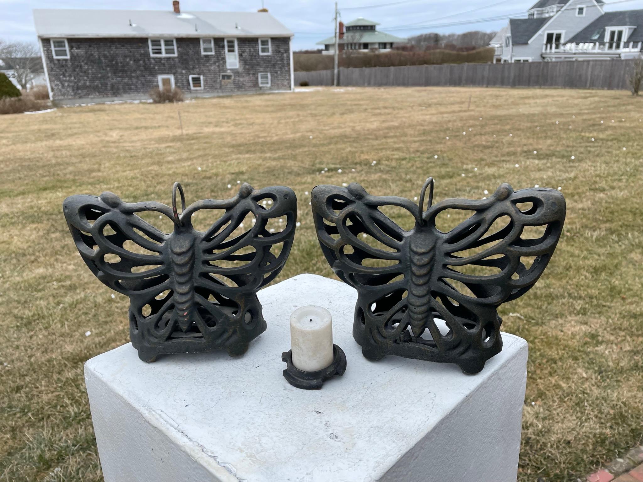20th Century Japanese Old Heavy Cast Pair Butterfly Wings Lighting Lanterns