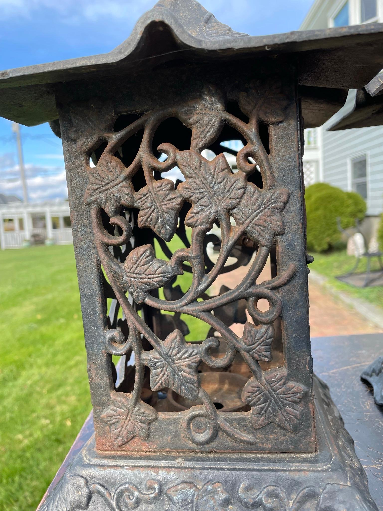 20th Century Japanese Old Heavy Cast Pair Maple Leaf Garden Lighting Lanterns