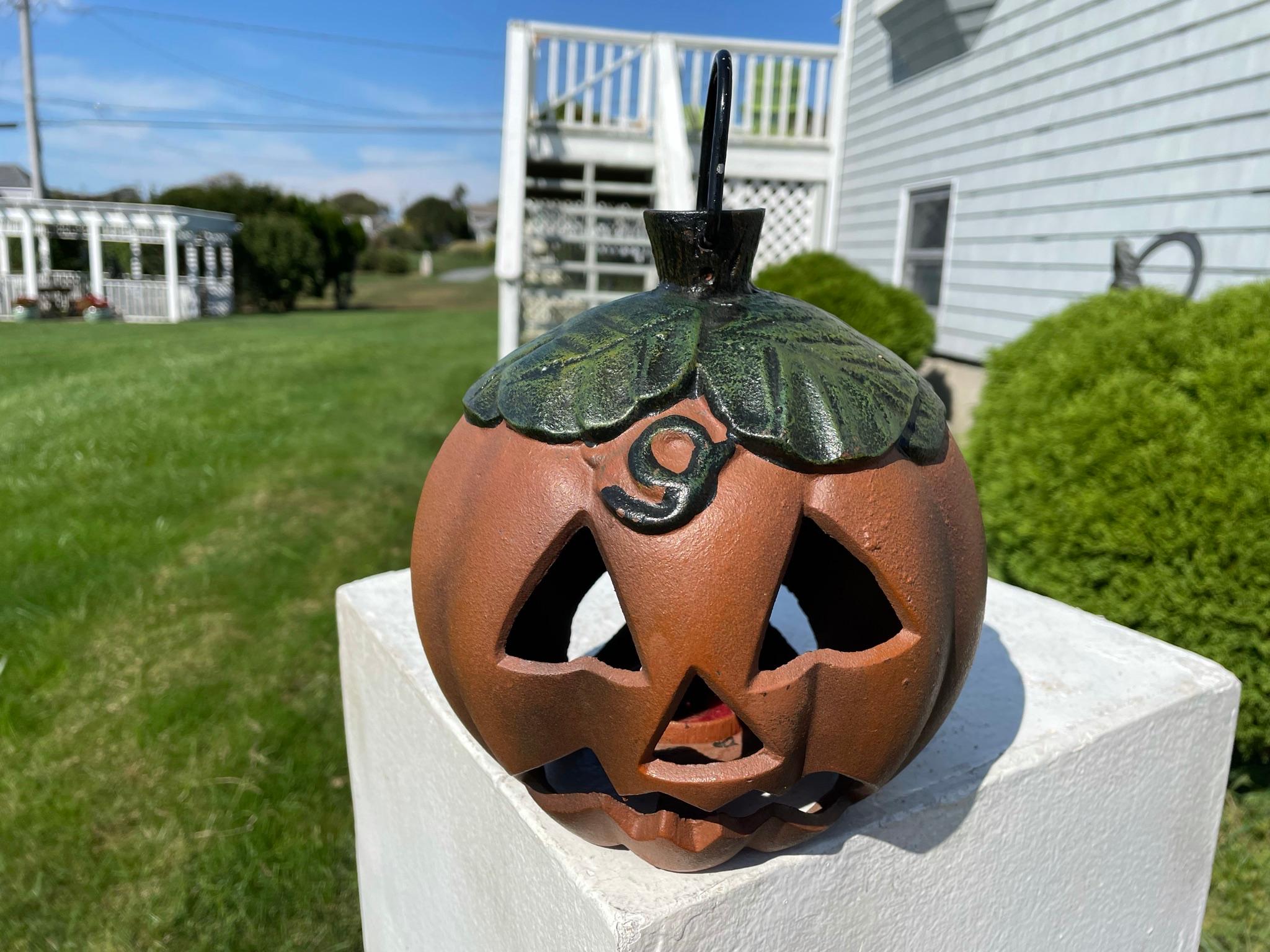 From our recent Acquisitions- a happy two faced cast Jack-O-Lantern , #3

This handsome quality antique iron halloween Jack-O-Lantern with its two charming faces still retains most of its original black, green, and orange paint- just the way we