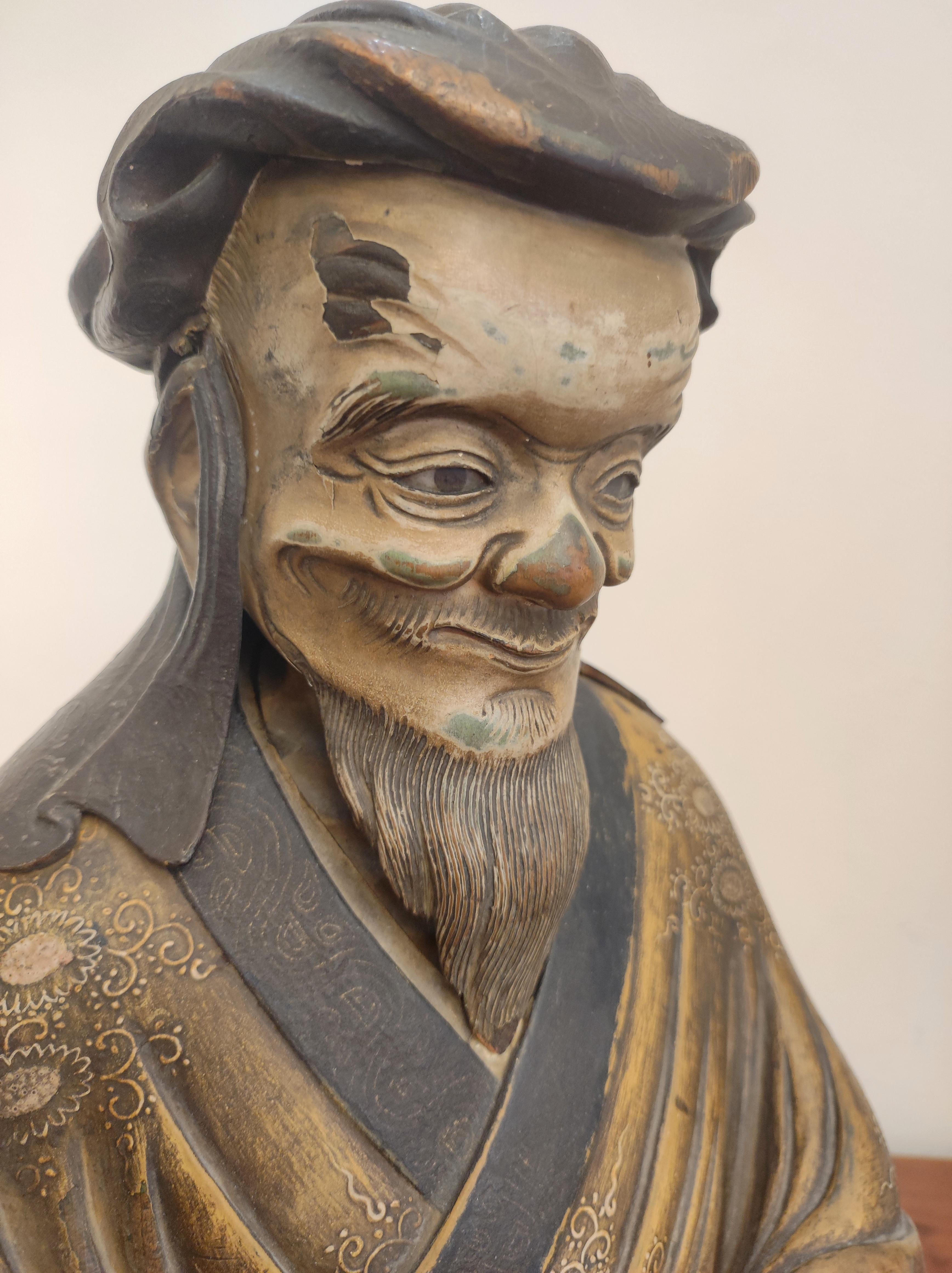 Edo Statua di vecchio giapponese, epoca Tenmei, datata 1781 in vendita