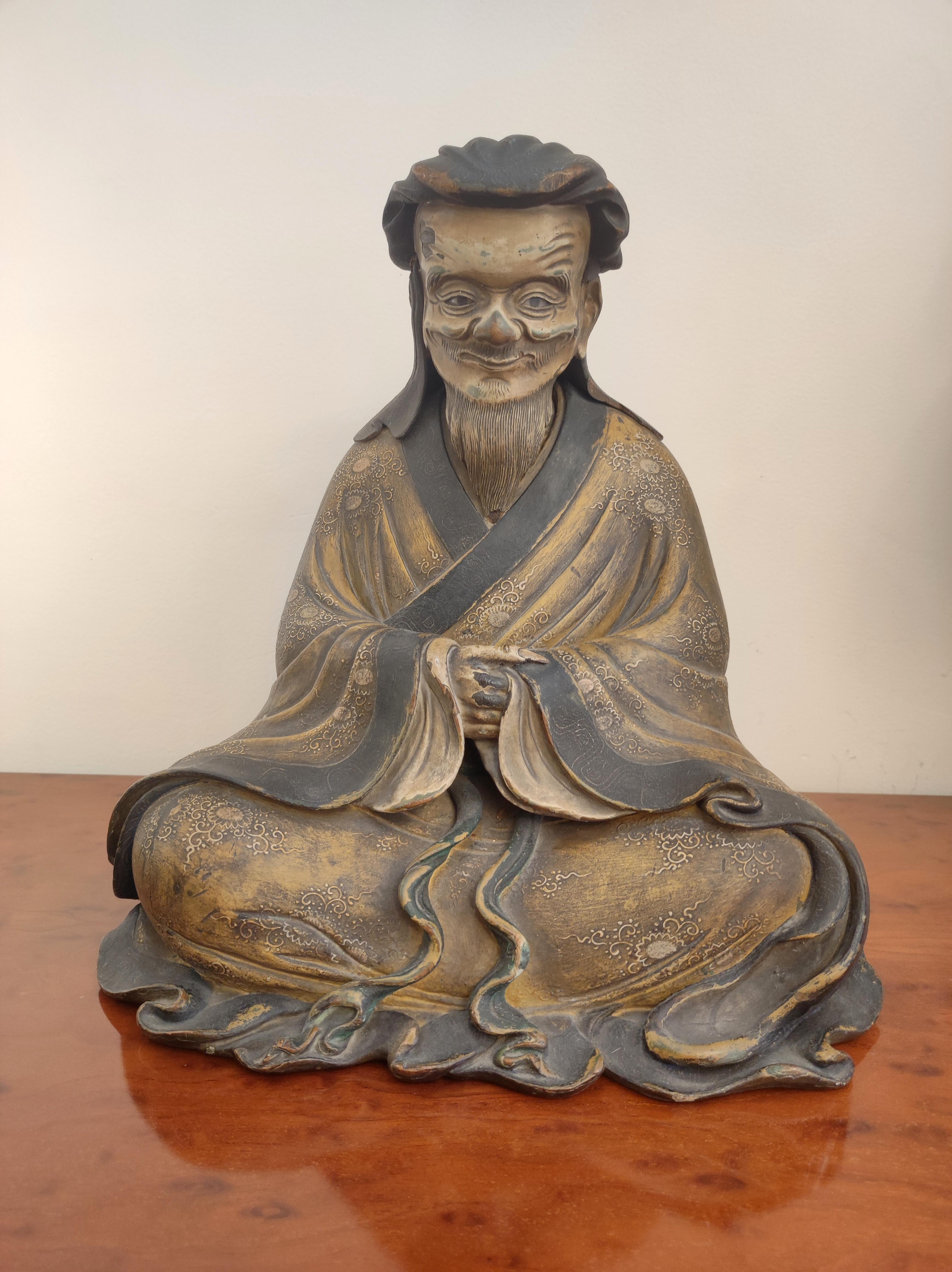 Legno Statua di vecchio giapponese, epoca Tenmei, datata 1781 in vendita