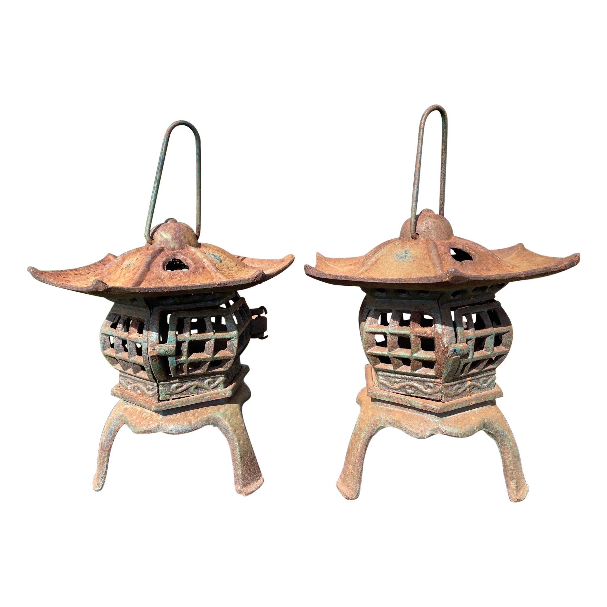 Japanese Old Matched Pair Tea Garden "Heart Roof" Lanterns