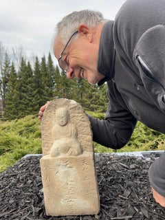 Japanese Old Memorial Stone Seated Buddha, 18 Inches