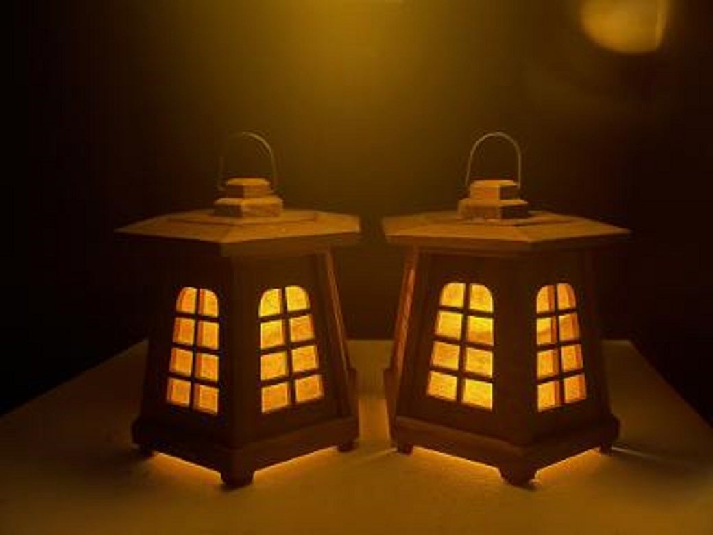 Beautiful pair (2) tall hand carved hexagonal shaped solid cedar wood door panel lanterns- rare survivors and in wonderful condition and possessing their old paper liners still in good condition. Hand carved from solid cedar wood, they may be