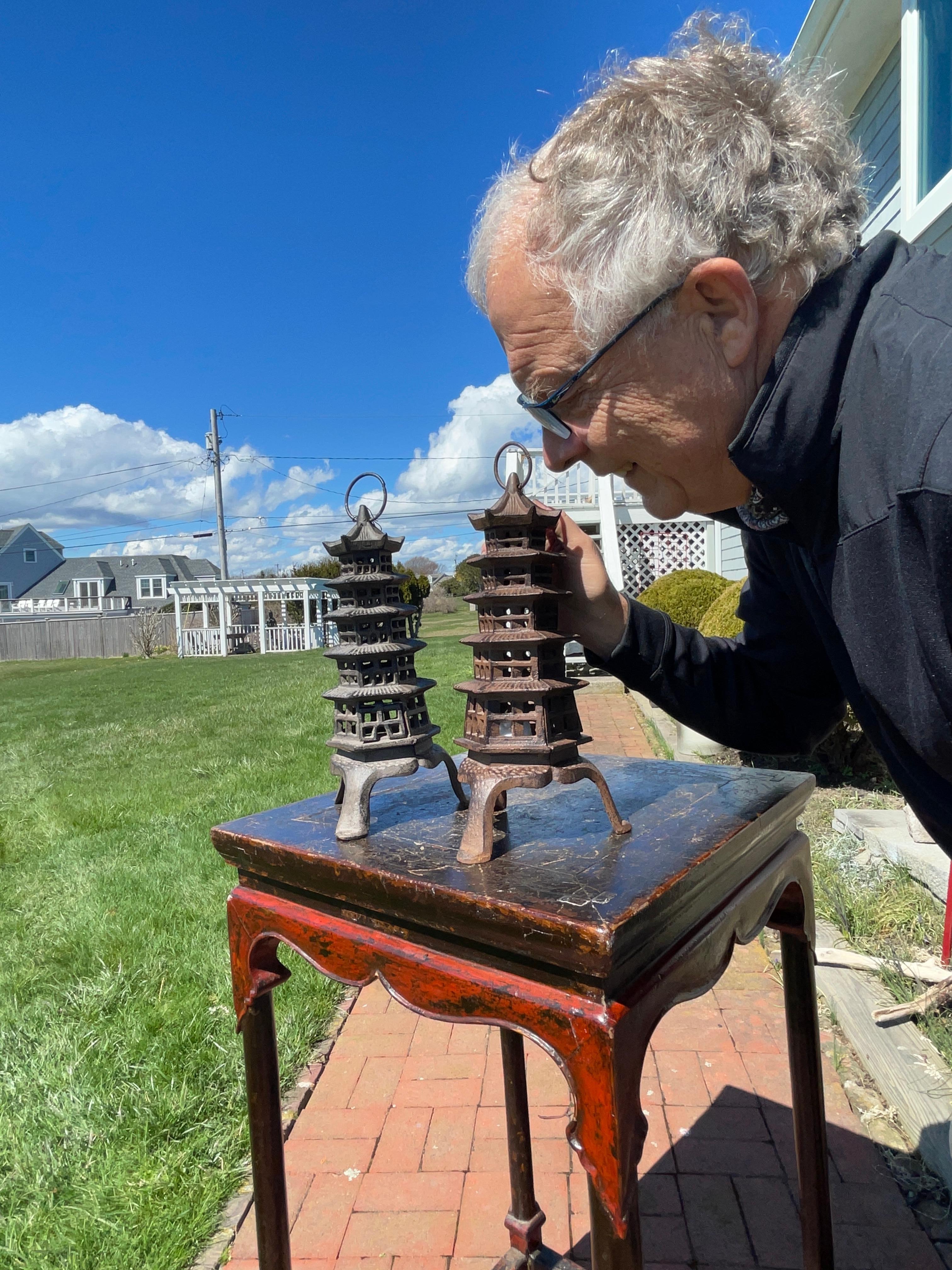 Tower lanterns- from our recent garden acquisitions, 

The first we've seen . This pair (2) of sculptural five layered tower lanterns Goju-no-to are fashioned with five hexagonal (5) roofs and finials -Hoju- representative of five elements known