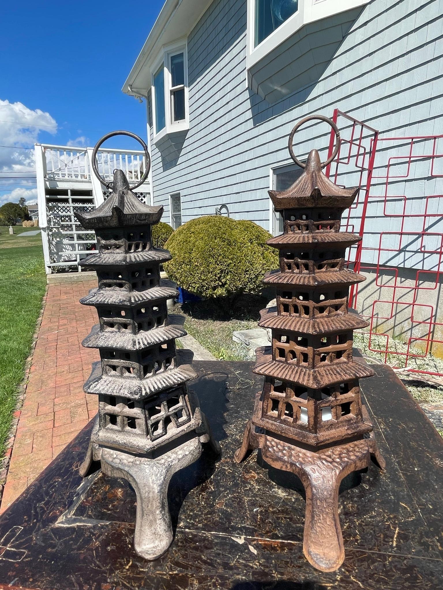 20th Century Japanese Old Pair Five Elements Pagoda Lighting Lanterns