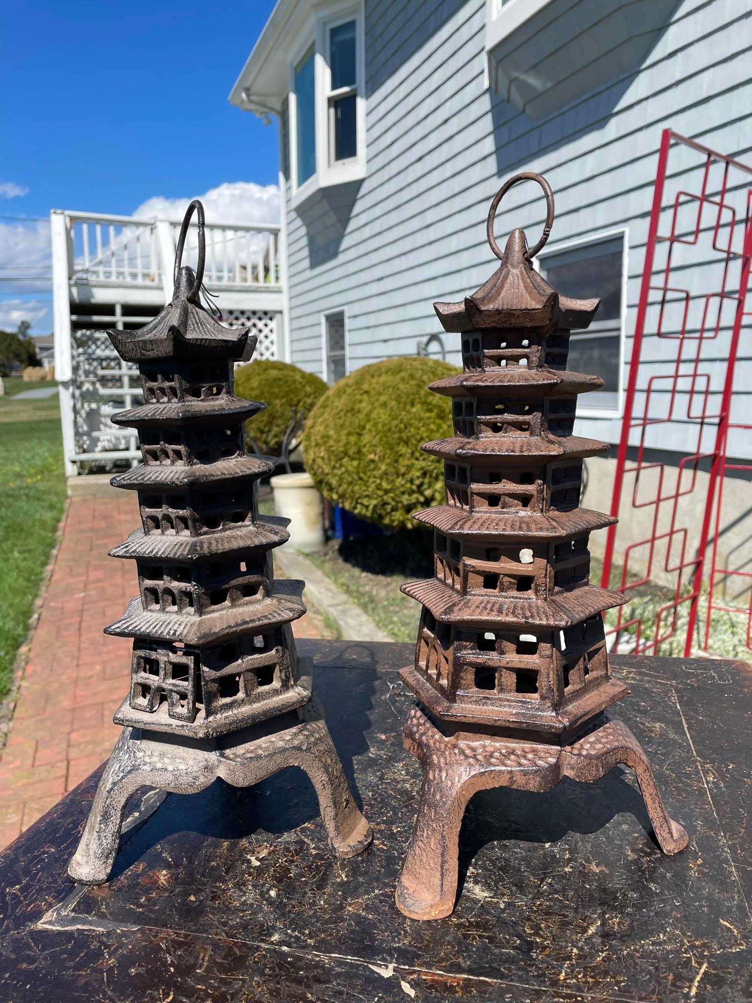 Japanese Old Pair Five Elements Pagoda Lighting Lanterns 1