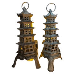 Vintage Japanese Old Pair Five Elements Pagoda Lighting Lanterns