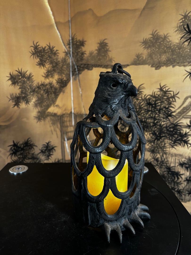 Japanese Old Perching  Eagle Lighting Lantern, Brilliant Night Light In Good Condition For Sale In South Burlington, VT