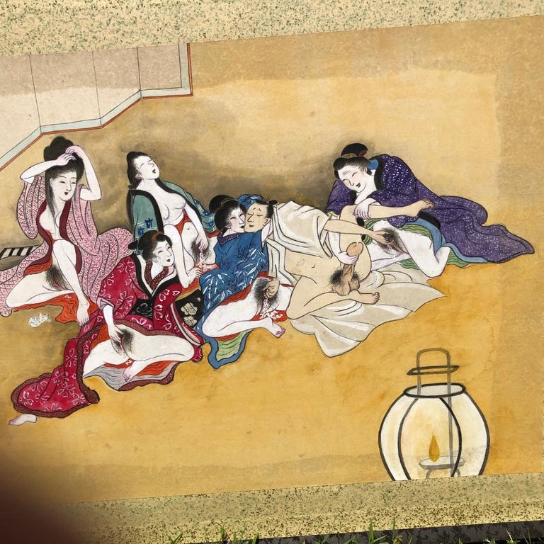 Japanese Old "Shunga" TwoPanel Hand Painted Screen, a First at 1stDibs