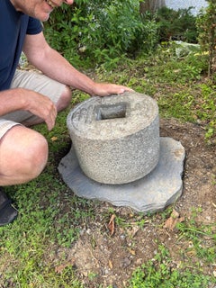 Japanese Old Stone Coin Water Basin Zenigata Tsukubai, rare size