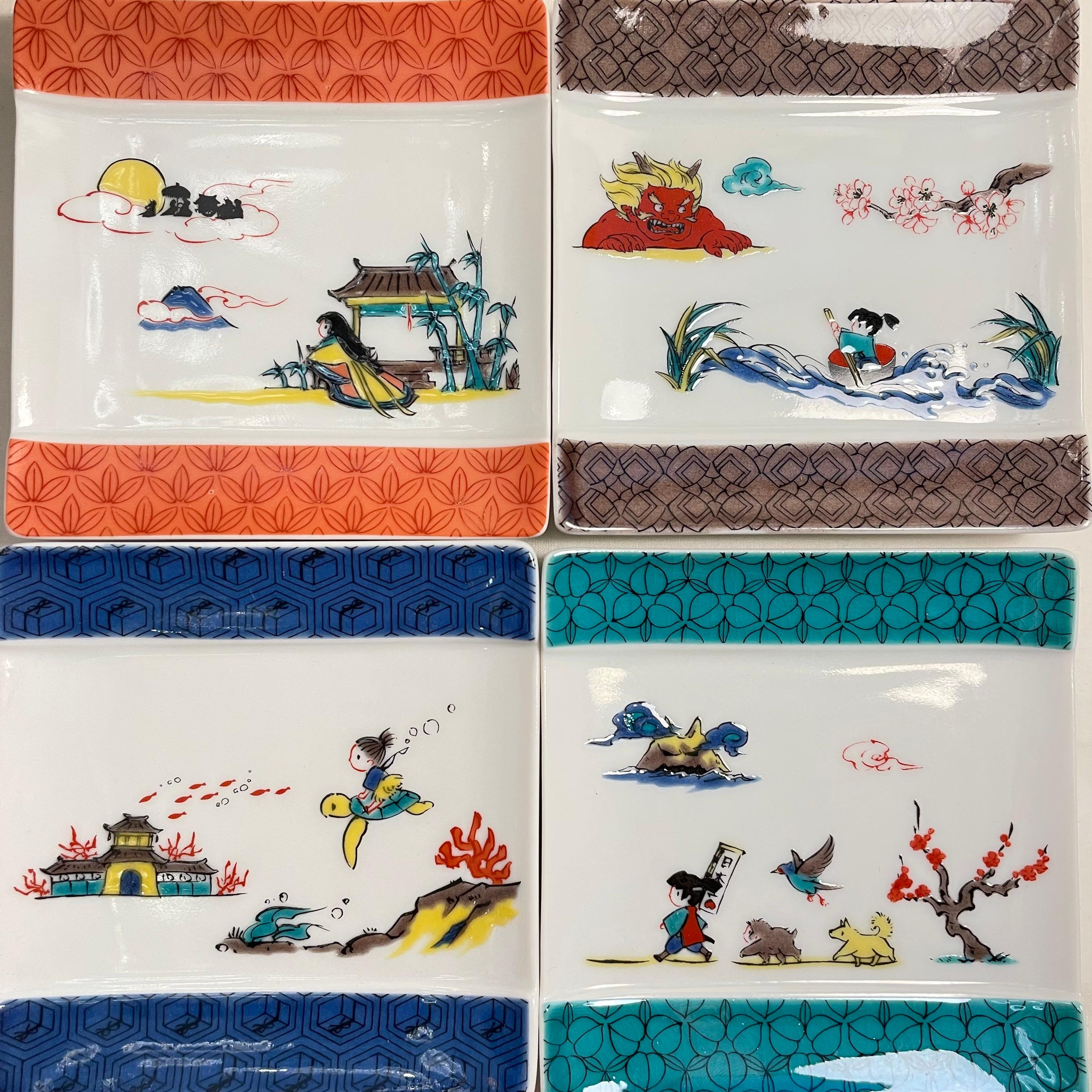 Japanese Old Stories 4 plates Kutani Ware 1990s 4