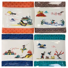 Japanese Old Stories 4 plates Kutani Ware 1990s