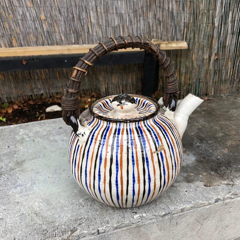 Japanese Old Vibrant Colors Striped Tea Vessel, Finely Crafted For Sale