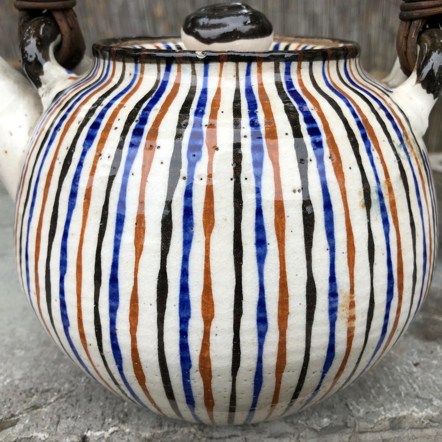 Japanese Old Vibrant Colors Striped Tea Vessel, Finely Crafted In Good Condition In South Burlington, VT